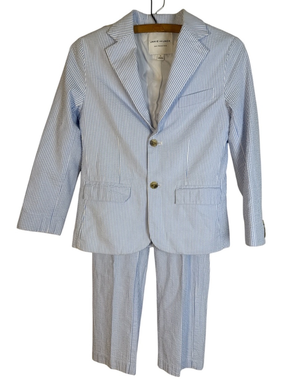 Janie and Jack Boys Seersucker Suit Set 10 Blue White Stripe Pant Blazer Jacket